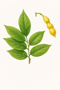 Feuilles: alternes composées pennées, cinq à neuf paires de folioles alternes glabre, à nervures latérales indistinctes.