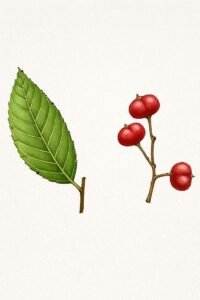 Feuilles: persistantes, alternes, simples, à limbe luisant puis coriace et mat, à bord crénelé avec une petite glande noire à chaque pointe, parfois une ou deux glandes à la base du limbe, six à douze paires nervures latérales.