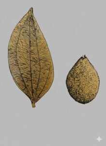 Feuilles: opposées, simples, entières, coriaces, deux à quatre nervures secondaires très ascendantes partant de la base et atteignant la pointe du limbe, nervilles serrées paralléles, teinte jaunâtre ou grisse à terre. Fruits: drupes globuleuses avec bec, brun doré.