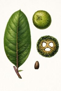 Feuilles: alternes, simples, coriaces, insérées sur des rameaux poupres, arrondies à l'extrémité, bord du limbe un peu replié, nervures principales et secondaires très saillantes en dessous. Fleurs: Fruits: drupes charnues globuleuses, verte tachetées de nombreuses lenticelles brûnatres, contenant un noyau dur poreux à quatre loges entouré d'une pulpe verte foncée se décomposant rapidement.