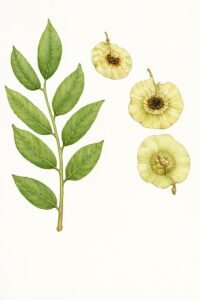 Feuilles: caduques, alternes composées pennées, onze à dix-sept folioles altrenes, terminé en pointe, quinze paires de nervures latérales peu visibles.Fleurs: jaunes.
Fruits: gousses indéhiscentes à aile menbraneuse circulaire.