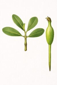 Feuilles: opposées, simples, trés coriaces à nervures latérales invisibles. Fruits: en forme de bouteille, verdâtre avec lenticelles.