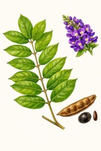 Feuilles: caduques, alternes composées pennées, six à neuf folioles opposées, plus une foliole terminale plus large, terminées en pointe, à nervure médiane proéminante en dessous, nervures secondaires saillantes sur les deux faces.Fleurs: grandes grappes de fleurs violettes.Fruits: gousses linéaires, oblongues, plates avec des bords proéminents, s'ouvrant par deux valves.