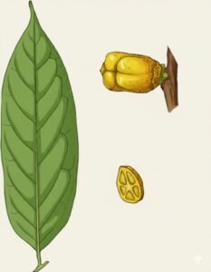 Feuilles: alternes, simples, elliptiques, terminées en pointe, à nervure médiane déprimée en dessus, saillante en dessous. Fleurs: Fruits: apparaissent sur les rameaux âgés, baies tétragonales jaune.