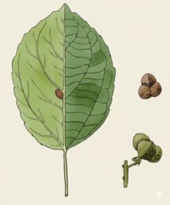 Feuilles: alternes simples à bord entier ou légèrement denté, terminées par une petite pointe, munies de trois nervervures à la base, à pétiole long, à la base du limbe sur la face supérieure on trouve une paire de minuscules glandes pubescentes.