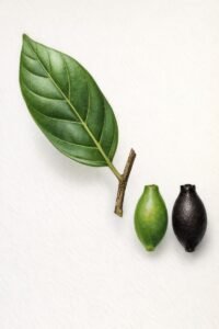 Feuilles: persistantes, alternes, simple vert foncé, luisantes dessus, vert clair dessous, retrécies au sommet, à nervure médiane et nervures latérales saillantes à la face inférieure.