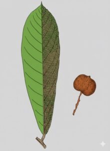 Feuilles: alternes, simples, grandes, à réseau très serré et de fines nervilles paralléles. Fleurs:  Fruits: grosses drupes globuleuses aplaties, à surface pustuleuse rouille, surmontées d'un bec obtus.