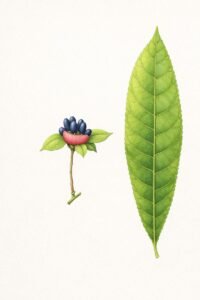 Feuilles: caduques, alternes, simple, allongées oblancéolées, pointues aux extrémités, denticulés, subcoriaces, à nervure médiane aplatie dessus, saillantes dessous, avec dix à quinze paires de nervures latérales, à pétiole court.