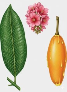 Feuilles: opposées, simples, entiéres terminées en pointe, coriaces, luisantes en dessus, à très nombreuses nérvures secondaires paralléles.Fleurs: grappes de grosses fleurs, rose.Fruits: baies en forme de grosse mangue, pendant à l'extrémité d'un pédoncule, jaune orangé, à surface lisse, laissant exsuder un latex jaune visqueux abondan