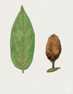 Feuilles: alternes, simples, elliptiques, terminées en pointe, à nervure médiane très proéminante en dessous, à face inférieure garnie de poils, spécialement sous les nervures.