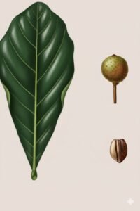 Feuilles: alternes, simples, à pétiole renflé aux deux extrémités, limbe obovale allongé coriace, épais vert foncé, glabre à bord entier ondulé vers le haut, à nervure primaire saillante sur les deux faces, six à seize paires de nervures secondaires.Fleurs: Fruits: drupes globuleuses jaune verdâtre à maturité, brune ensuite, à surface verruqueuse, à peau assez coriace, glabre.