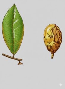 Feuilles: persistantes, alternes, simple, souvent de tailles variables sur une même branche, terminées en pointe, à limbe glabre en dessus et à feutrage doré en dessous,vingt à vingt-cinq paires de nervures latérales, à pétiole duveteux garni de deux glandes circulaires brunes.Fleurs: Fruits: drupes , bosselées, jaune à brun, à pulpe charnue jaunâtre.