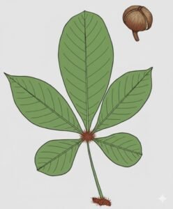 Feuilles: opposées composées digitées à long pétiole, cinq à huit folioles terminées en pointe plus ou moins longue, à nombreuses nervures latérales effacées, glabre sauf à la base des folioles recouverte de poils roux. Fleurs:  Fruits: capsules globuleuses s'ouvrant en trois valves ligneuses.