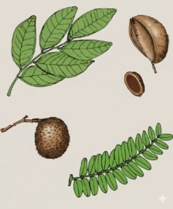 Feuilles: alternes, composées pennées, sept à douze folioles alternes sessile, à sommet légèrement échancré, coriaces, à limbe criblé de points translucides.Fleurs: Fruits: gousses circulaires plates couvertes de verrues en forme d'épines, sécrétant une résine piosseuse incolore.