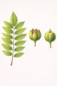 Feuilles: alternes, composées pennées, à quatre à sept paires de folioles opposées assez allongées se terminant en pointe.
Fruits: capsules globuleuses dressées sur l'arbre, s'ouvrant par quatre à cinq valves persistantes.