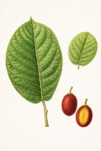 Feuilles: caduques, alternes, simple, largement elliptiques, asymétriques à la base, à limbe rugeux à la face supérieure, à nervures et nervilles très saillantes en desous. Fruits: drupes elliposoides, veloutées, rouge foncé, à pulpe jaune.