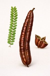 Feuilles: caduques, alternes, composées bipennées à cinq à neuf paires de pennes opposées ou alternes formées de douze à quatorze folioles alternes, pubescentes en dessous.  Fruits: gousses brunes, luisantes, allongées, un peu incurvées, à section étoilée à quatre branches, pendantes et très persistantes, indéhiscentes, odorantes.