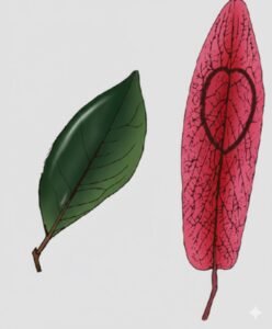 Feuilles: alternes, simples, dissymètriques à la base, terminées par une petite pointe, à limbe vert foncé brillant dessus, vert mat dessous, huit paires de nervures secondaires, à pétiole d'environ un cm tordu. Fleurs: Fruits: samares, à nombreuses nervures, à l'aspect d'une feuille, rose puis rouges.