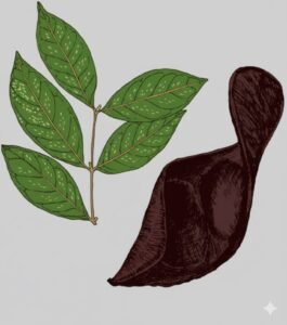 Feuilles: alternes, composées, pennées, deux à quatre paires folioles opposées munies chacune d'un très petit pétiolule tordu sur lui même, à limbe garni de nombreux points et tirets translucides, les folioles du bas sont souvent plus petites.Fleurs: Fruits: gousses en forme de semelle ligneuse, à un bord épaissi, à surface légèrement plissée.