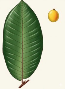 Feuilles: caduques, alternes, simples, limbe basse arrondie ou légèrement en coeur, à sommet terminé par une pointe large, papyracée, brillant dessus, mat dessous, à plus de vingt paires de nervures secondaires, à nervilles perpendiculaires au nervures secondaires, rougissant avant de tomber.Fleurs: Fruits: drupes jaunes ressemblant à des petites mangues, pulpe fibreuse entourant un noyau couvert de fibrilles.