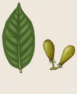 Feuilles: persistantes, alternes, simples, terminées en pointe, à limbe glabre, cinq à huit paires de nervures latérales arquées, à pétiole portant fréquemmentde deux glandes à la base du limbe. Fleurs: Fruits: drupes, aplaties, vert jaunâtre, glabres et lisses ou garnies de lenticelles, à calice persistant à la base.