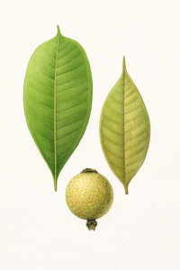 Feuilles: opposées simples, très coriaces, terminées en pointe, à limbe garni de points translucides, à nervures latérales nombreuses peu visibles sur les feuilles fraiches, bien marquées sur les feuilles sèches sur les deux faces.Fleurs: Fruits: baies globuleuses.