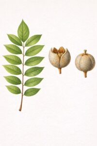 Feuilles: persistantes, alternes, composées pennées, à tois à six paires de folioles opposées plus une foliole terminale, sans réseau de nervilles visibles.