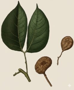 Feuilles: alternes, composées d'une seule paire folioles opposées sessiles, légèrement arquées, terminées en pointe.Fleurs: Fruits: petites gousses plates s'ouvrant en deux valves coriaces à surface plissée striée.