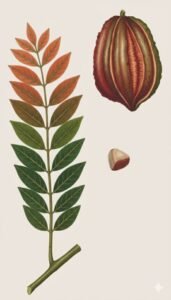 Feuilles: alternes, composées pennées, à cinq à quinze paires de folioles opposées allongées de forme variable, souvent terminées pointe, jeunes feuilles rougeâtres.