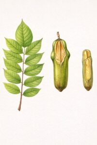 Feuilles: caduques, alternes, composées pennées, à quatre à sept paires de folioles opposées, à très nombreuses nervures et nervilles paralléles.