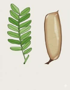 Feuilles: alternes, composées pennées, dix à vingt folioles alternes sessiles, de forme réctangulaitrs, à rachis canliculé et très légèrement ailé. Fleurs:  Fruits: gousses plates, lisses, terminées par une pointe, à bord légèrement épaissi.