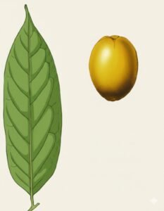 Feuilles: persistantes, alternes, simples, elliptiques, terminées en pointe étoite, à nervure médiane déprimée sur le dessus du limbe, très saillante en dessous. Fleurs: en forme d'outre blanche et rose. Fruits: apparaissent sur les rameaux âgés, baies globuleuses jaune, noircissant à terre.