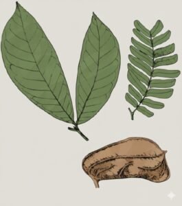 Feuilles: alternes, composées de deux fomioles assez grandes opposées en pince, allongées, falciformes. Fleurs:  Fruits: gousses allongées brun clair s'ouvrant sur l'arbre en deux valves ligneuses à un bord épaissi, avec un ride longitudinale et des rides transversales, terminées en pointe.