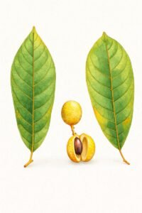 Feuilles: persistantes, alternes, simples, six à dix paires de nervures latérales, pétiole et nervures des feuilles tombées à terre ont souvent une teinte jaune orangé. 