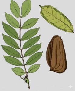 Feuilles: alternes, composées pennées de six à neuf paires de folioles opposées terminées en pointe, rachi muni à la base de deux petites stipules en oreille persistantes.Fleurs: Fruits: gousses plates, ligneuses brunes avec un bord très épaissi, à surface extérieure marquées de deux à trois rides longitudinales saillantes, les valves du fruit tombent à terre isolément.