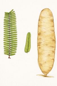 Feuilles: alternes, composées bipennées, à cinq à huit paires de pennes opposées, formées de seize à trente paires folioles opposées, sessiles, à sommet arrondi à nombreuses et fines nervures parallèles. Fleurs: Fruits: gousses membraneuses, aplaties, de teinte paille, couvertes d'un réseau de veines, indéhiscentes.