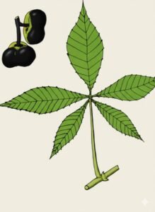 Feuilles: caduques, alternes, composées, digitées à long pétiole renflé à la base, trois à cinq folioles, les deux premiéres folioles inférieures nettement plus petites, terminées en pointe, à bord pourvu de petites dents glanduleuses noirâtres.
Fruits: drupes à deux à trois lobes jaune verdâtre à maturité, puis noires.