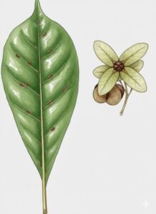 Feuilles: caduques, alternes simples, terminées en pointe, à limbe légèrement gaufré et brillant dessus, à glandes poilues à l'aisselle de la face intérieure des nervures l'atérales Fleurs: petites, blanches, caduques, à odeur désagréable. Fruits: samares garnies de quatre ailes disposées en croix, groupées en grappes bien visibles sur l'arbre.