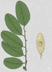 Feuilles: alternes, composées pennées, quatre à dix folioles alternes échancrées au sommet.Fleurs: Fruits: gousses oblongue jaune clair, papyracées, indéhiscentes.