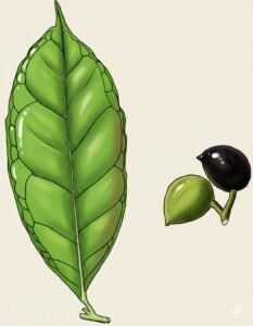 Feuilles: alternes, simples, à bordd légèrement denté, à limbe luisant, à pétiole un peu renflé et souvent coudé au sommet.Fleurs: Fruits: drupes ovoides, vertes, rouges puis noires.