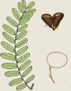 Feuilles: alternes, composées, pennées de vingt à quarente folioles alternes ou subopposées à sommet échancré, garnies de points translucides. Fleurs: Fruits: gousses épaisses elliptiques glabres, coriaces, s'ouvrant jusqu'à la moitié de la longueur en deux valves épaisses, exsudant parfois des gouttelettes de copal.