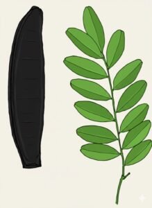 Feuilles: alternes, composées pennées, deux à cinq paires de pennes opposées composées de neuf à quinze folioles alternes légèrement échancrées au sommet. Fleurs: rouges, malodorantes. Fruits: très fortes gousses ligneuses dressées verticalement au dessus de la cime noires, glâbre, de section rectangulaire renforcée aux quatre angles par des crêtes longitudinales, cloisonnées transversalement.