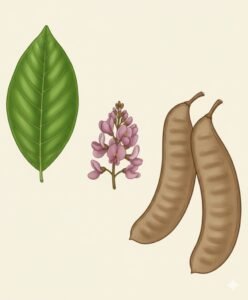 Feuilles: caduques, alternes, composées pennées de quatre à six paires de grandes folioles opposées glabres terminées en pointe,  de douze à quinze paires de nervures latérales, rachis renflé à la base. Fleurs: mauves. Fruits: gousses aplaties, légèrement falciformes.