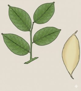 Feuilles: alternes, composées pennées, neuf à onze folioles alternes terminées en pointe, à limbe criblé de points translucides, à nombreuses nervures latérales parralléles bien visibles sur les deux faces.Fleurs: Fruits: gousses plates minces, lisse terminées en pointe.