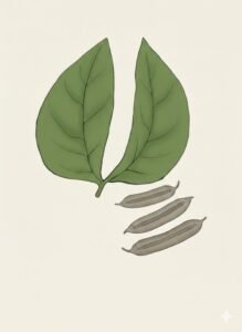 Feuilles: alternes, composées d'une paire de folioles sessiles opposées en pince falciformes, asymétriques, terminées en pointe.Fleurs: Fruits: gousses plates marron gris, de forme triangulaire allongée, avec deux rides longitudinales peu visibles.