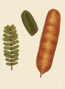 Feuilles: caduques, alternes, composées bipennées, à quatre  à sept paires de pennes opposées, à rachis garni de poils ferrugineux, formées de six à vingt paires folioles opposées oblongues pubescentes en dessous et un peu en dessus, à sommet arrondi ou obtus, à nervures primaires submédiane.