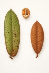 Feuilles: persistantes, alternes, simples, dix-huit à trente cinq paires de nervures latérales saillentes en dessous, à limbe ferrigineux dessous, souvant perforé par les insectes, jeunes feuilles très pubescentes.