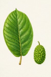 Feuilles: caduques, alternes, simple, ovales, grandes, à pétiole grèle. Fruits: faux fruits, en petites masses arrondies, granuleuses vertes.