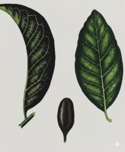 Feuilles: alternes simples, à sommet souvant déjeté de coté, coriaces, glabres, noires à l'état sec, à sept à onze paires de nervures latérales saillantes sur la face inférieure, à pétiole court.