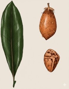 Feuilles: persistantes, opposées, simples terminées en pointe, à limbe coriace, à très nombreuses nervures secondaires fines et paralléles peu visibles.Fleurs: grandes, blanches.Fruits: baies globuleuses un peu allongées pointues au sommet, à surface verruqueuse rouille, exsudant un latex orangé.